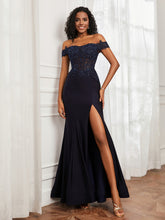 Off-The-Shoulder Mermaid Jersey Dress With Slit Dark Navy