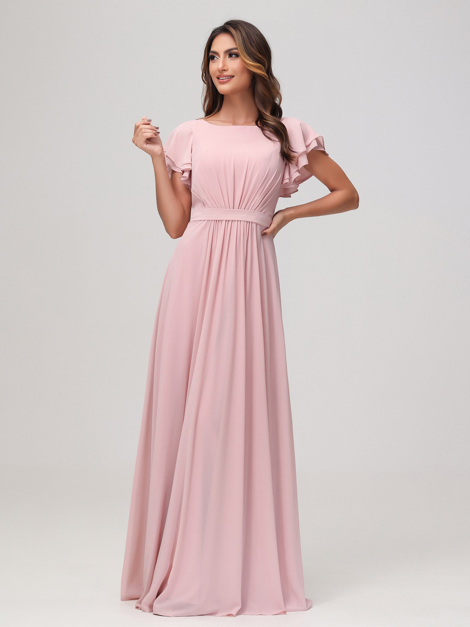 A-line V-neck Chiffon Ruched Floor-length Dress Dusty Rose