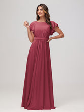 Bateau Neckline Chiffon Ruched Floor-length Dress Cinnamon Rose