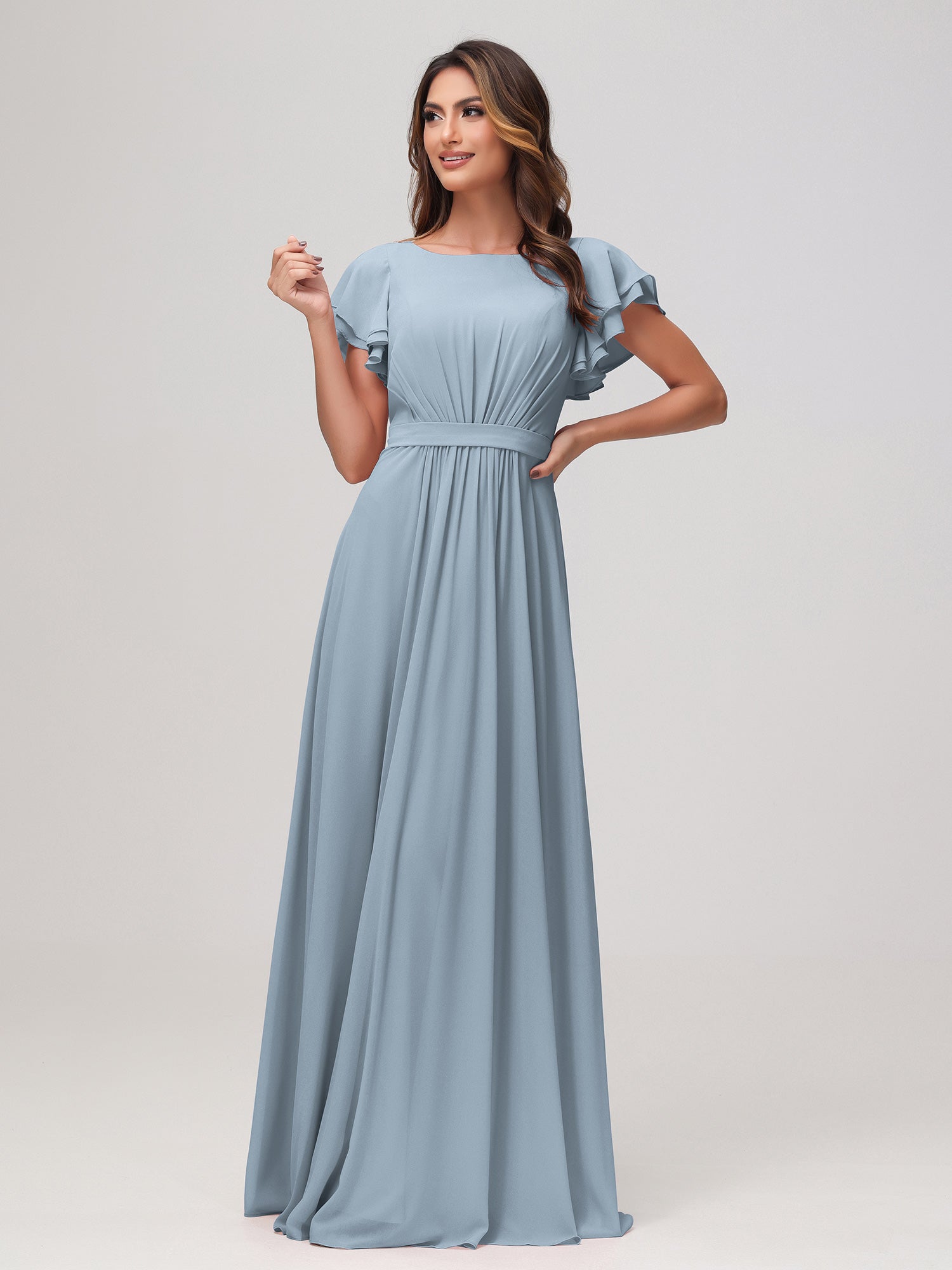 BABARONI Chiffon Dusty Blue Bridesmaid Dresses A-line Bateau Flutter