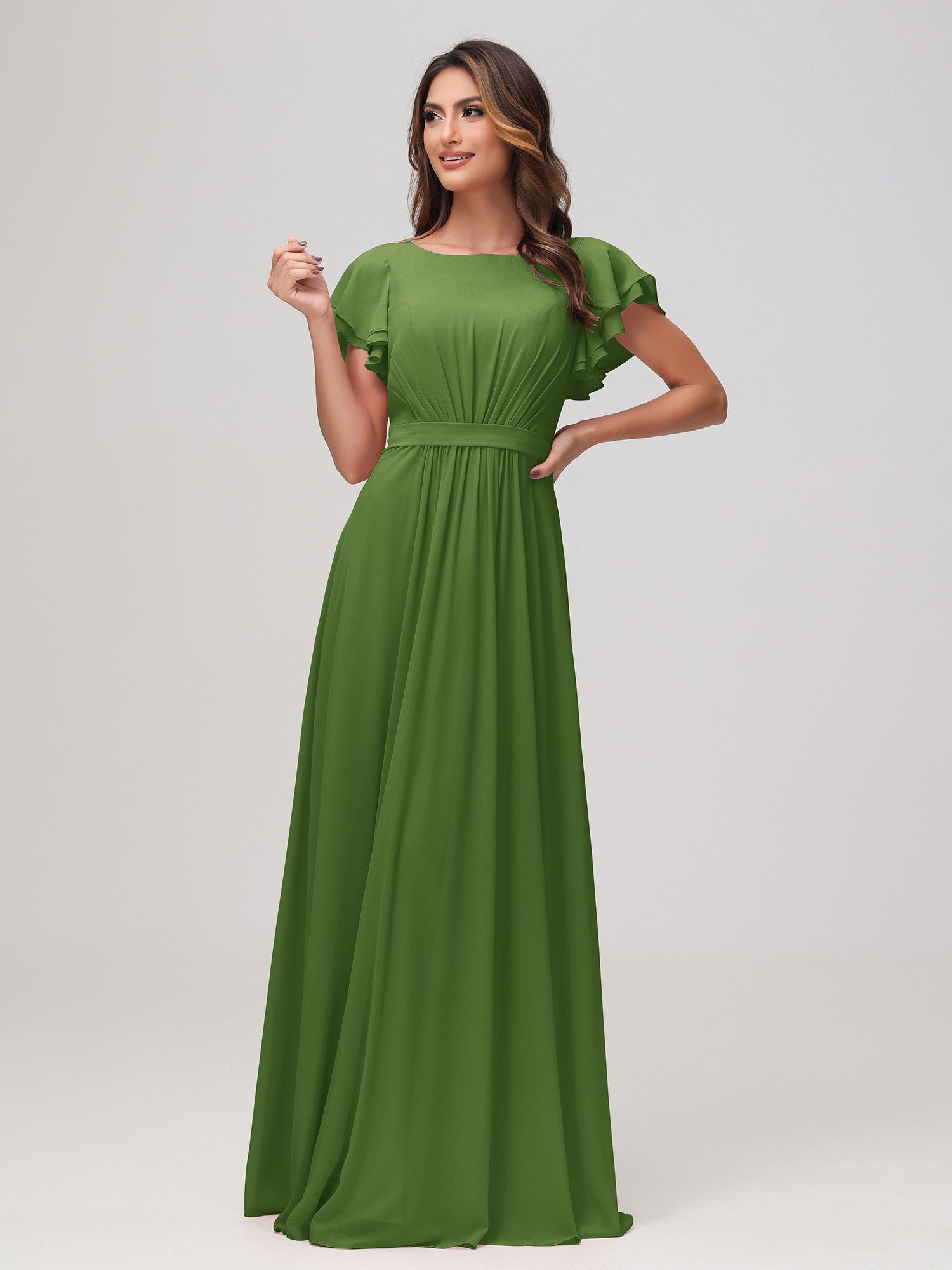A-line V-neck Chiffon Ruched Floor-length Dress Dark Green Plus Size main image 1