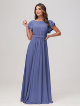 Bateau Neckline Chiffon Ruched Floor-length Dress Periwinkle