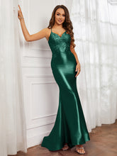 V-neck Appliqued Spaghetti Straps Mermaid Prom Dress Dark Green
