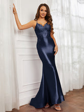 V-neck Appliqued Spaghetti Straps Mermaid Prom Dress Dark Navy