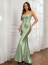 V-neck Appliqued Spaghetti Straps Mermaid Prom Dress Dusty Sage