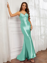 V-neck Appliqued Spaghetti Straps Mermaid Prom Dress Turquoise