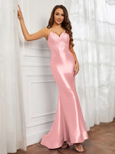 V-neck Appliqued Spaghetti Straps Mermaid Prom Dress Flamingo