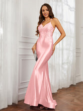 V-neck Appliqued Spaghetti Straps Mermaid Prom Dress Flamingo