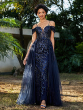 Spaghetti Straps Sheath Tulle Prom Dresses Dark Navy