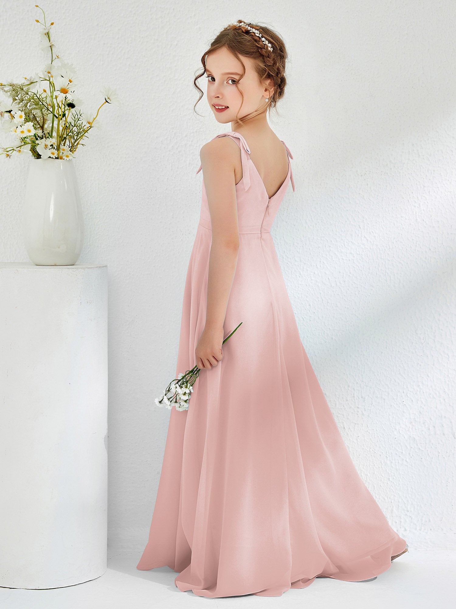 V-neck A-line Chiffon Junior Bridesmaid Dresses Dusty Rose