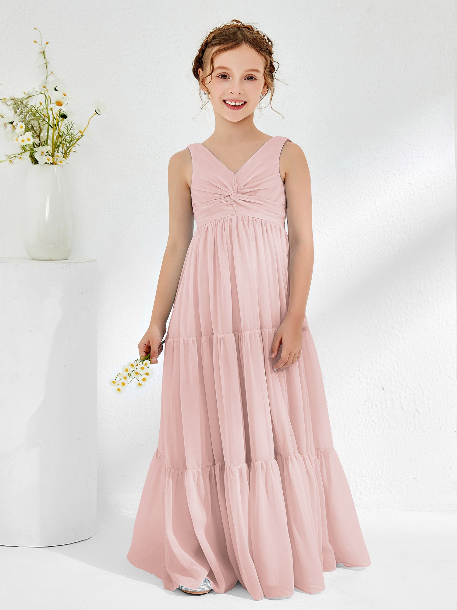 Sleeveless Ruched Junior Bridesmaid Dresses with Bow Dusty Rose