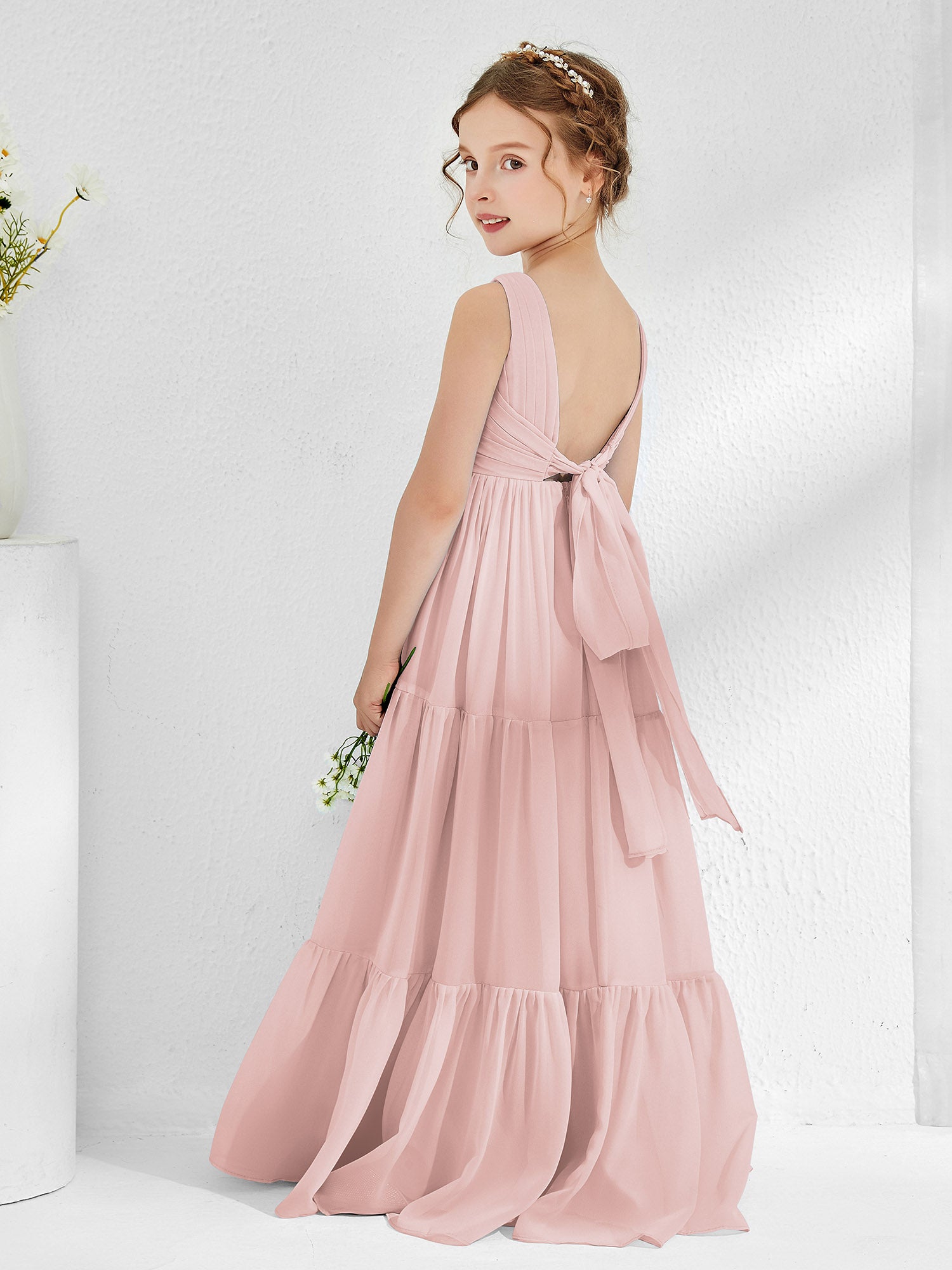 Sleeveless Ruched Junior Bridesmaid Dresses with Bow Dusty Rose