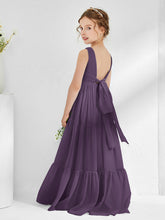 Sleeveless Ruched Junior Bridesmaid Dresses with Bow Plum