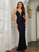 Plunging V-neck Rhinestone Decor Sheath Jersey Gown Dark Navy