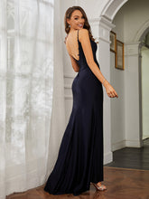 Plunging V-neck Rhinestone Decor Sheath Jersey Gown Dark Navy