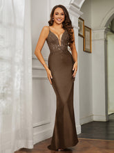 Plunging V-neck Rhinestone Decor Sheath Jersey Gown Brown
