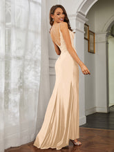 Plunging V-neck Rhinestone Decor Sheath Jersey Gown Champagne