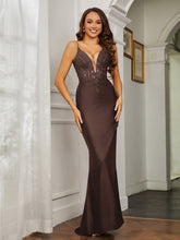 Plunging V-neck Rhinestone Decor Sheath Jersey Gown Chocolate