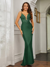 Plunging V-neck Rhinestone Decor Sheath Jersey Gown Dark Green
