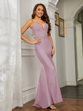 Plunging V-neck Rhinestone Decor Sheath Jersey Gown Dusk