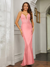 Plunging V-neck Rhinestone Decor Sheath Jersey Gown Flamingo