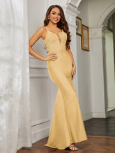 Plunging V-neck Rhinestone Decor Sheath Jersey Gown Gold