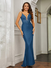 Plunging V-neck Rhinestone Decor Sheath Jersey Gown Ink Blue