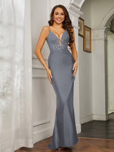 Plunging V-neck Rhinestone Decor Sheath Jersey Gown Steel Grey