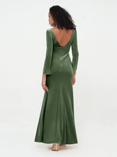 V-neckline Velvet Max Dresses with Long Sleeves Olive Green