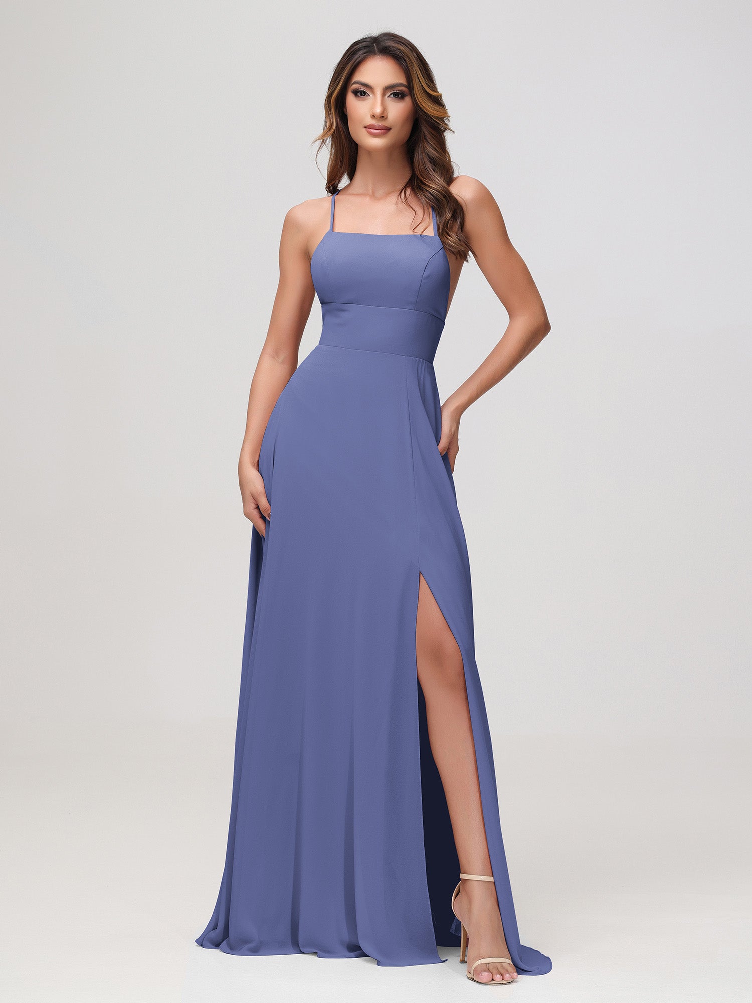 A-Line Square Chiffon Dress With Slit Periwinkle - Periwinkle / UK4