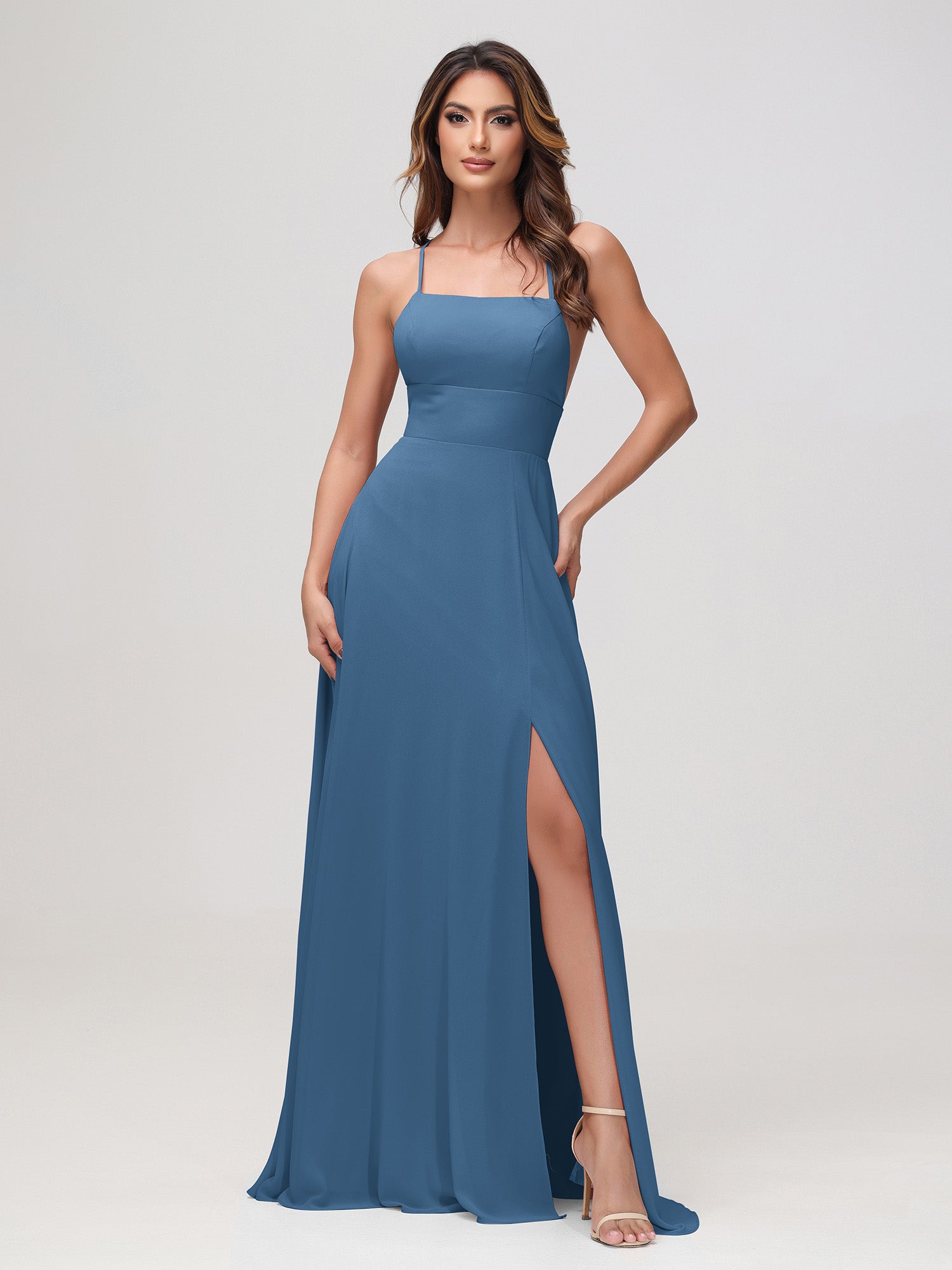 A-Line Square Chiffon Dress With Slit Ink Blue