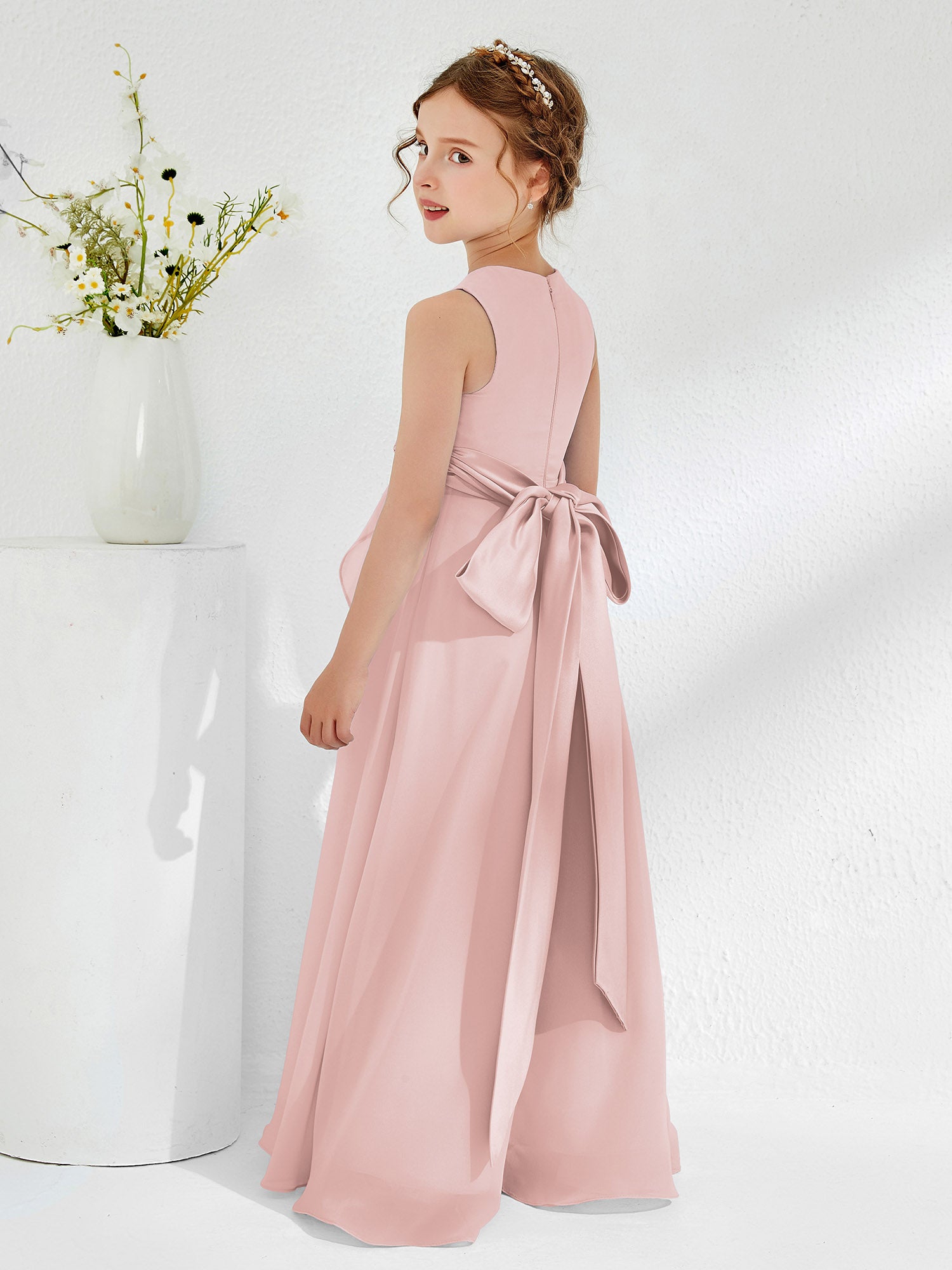 Bateau A-line Junior Bridesmaid Gowns with Bow Dusty Rose