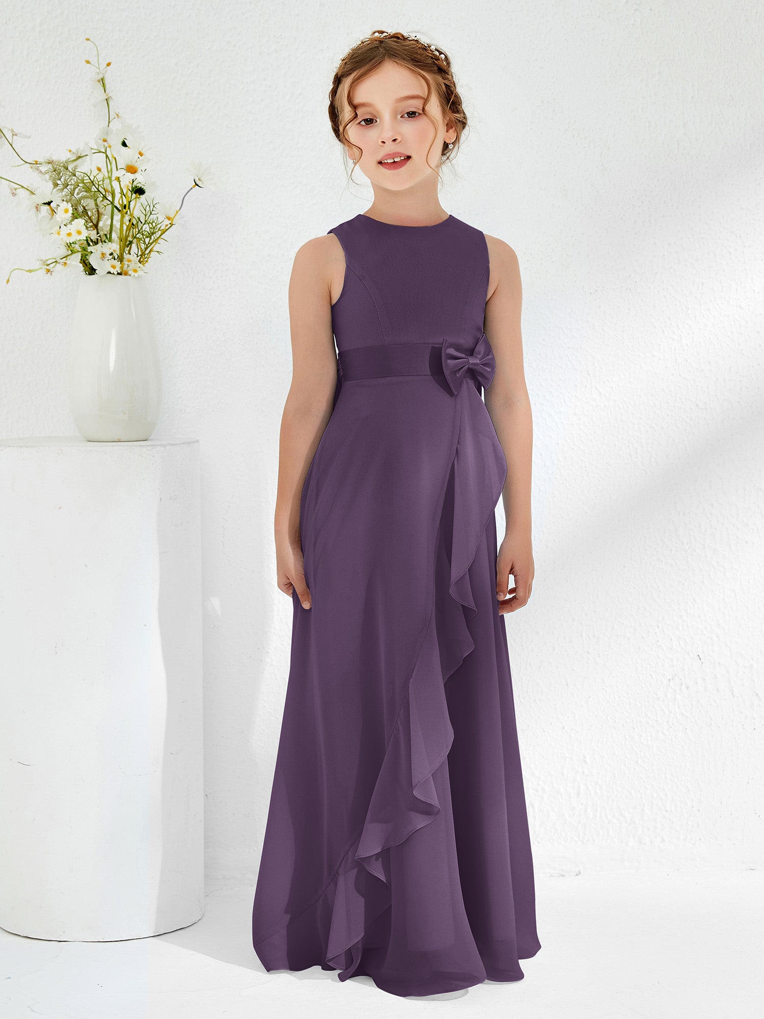 Bateau A-line Junior Bridesmaid Gowns with Bow Plum