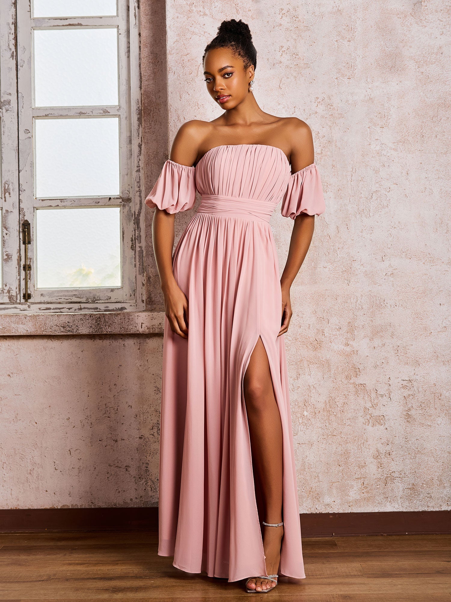 Flutter Sleeves Ruched Chiffon Dress with Slit Marigold