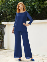 Scoop Chiffon Floor-Length Beaded Pant Suit Navy Blue