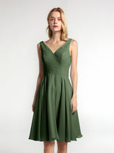 Pleated Bodice Circle Skirt V-neck Mini Dress Olive Green