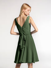 Pleated Bodice Circle Skirt V-neck Mini Dress Olive Green