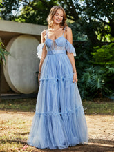 Flutter Sleeves Floor-length Tulle Pleated Gown Blue
