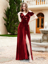A-line V-neck Velvet Dress With Slit Burgundy