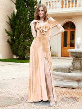 A-line V-neck Velvet Dress With Slit Champagne