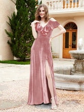 A-line V-neck Velvet Dress With Slit Dusty Rose