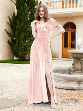 A-line V-neck Velvet Dress With Slit Pearl Pink
