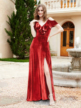 A-line V-neck Velvet Dress With Slit Red