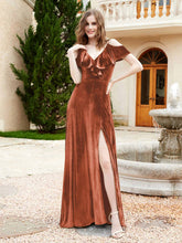 A-line V-neck Velvet Dress With Slit Rust