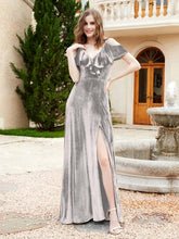 A-line V-neck Velvet Dress With Slit Silver