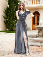 A-line V-neck Velvet Dress With Slit Steel Grey