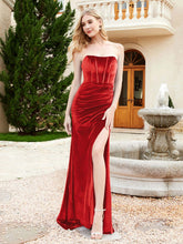 Strapless Mermaid Velvet Dress with Sweep Train Red