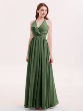 V-neck Chiffon Maxi Bridesmaid Dresses Olive Green