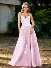 A-line V-neck Lace Up Tulle Gown Blushing Pink