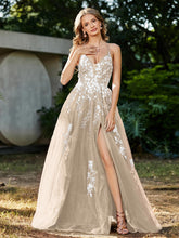 A-line V-neck Lace Up Tulle Gown Champagne